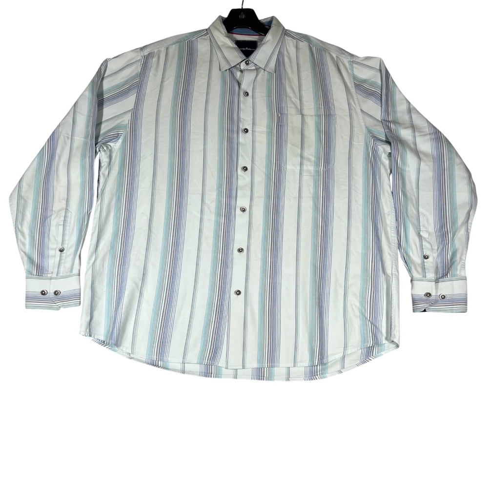 Tommy Bahama Mens Large Blue Striped Cotton Silk Blend Long Sleeve Button Shirt